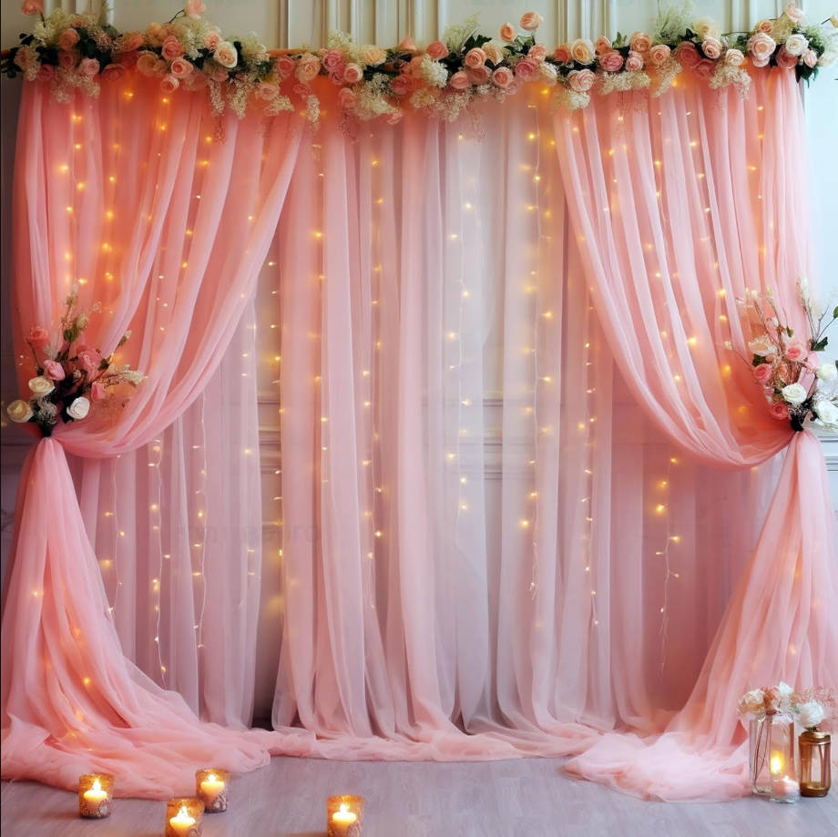 20x10ft Dusty Rose Tulle Backdrop Curtain with Lights String for Parites, Sheer Backdrop Curtains for Wedding Baby Shower Birthday Party Photo Shoot Decorations