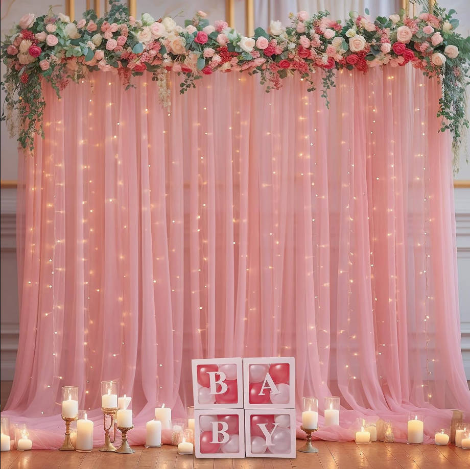 20x10ft Dusty Rose Tulle Backdrop Curtain with Lights String for Parites, Sheer Backdrop Curtains for Wedding Baby Shower Birthday Party Photo Shoot Decorations