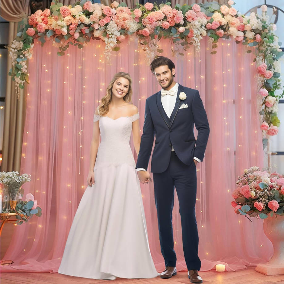20x10ft Dusty Rose Tulle Backdrop Curtain with Lights String for Parites, Sheer Backdrop Curtains for Wedding Baby Shower Birthday Party Photo Shoot Decorations