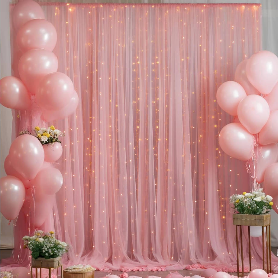 20x10ft Dusty Rose Tulle Backdrop Curtain with Lights String for Parites, Sheer Backdrop Curtains for Wedding Baby Shower Birthday Party Photo Shoot Decorations