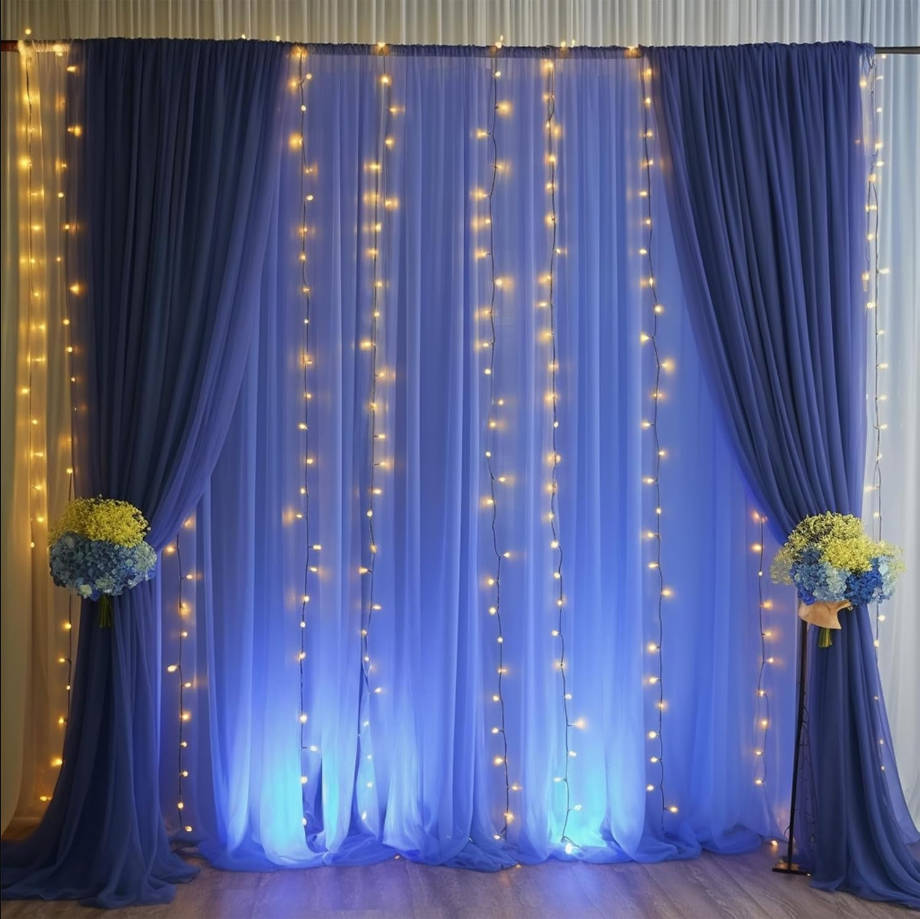 10x10ft Navy Blue Tulle Backdrop Curtain with Lights String for Parites, Sheer Backdrop Curtains for Wedding Baby Shower Birthday Party Photo Shoot Decorations