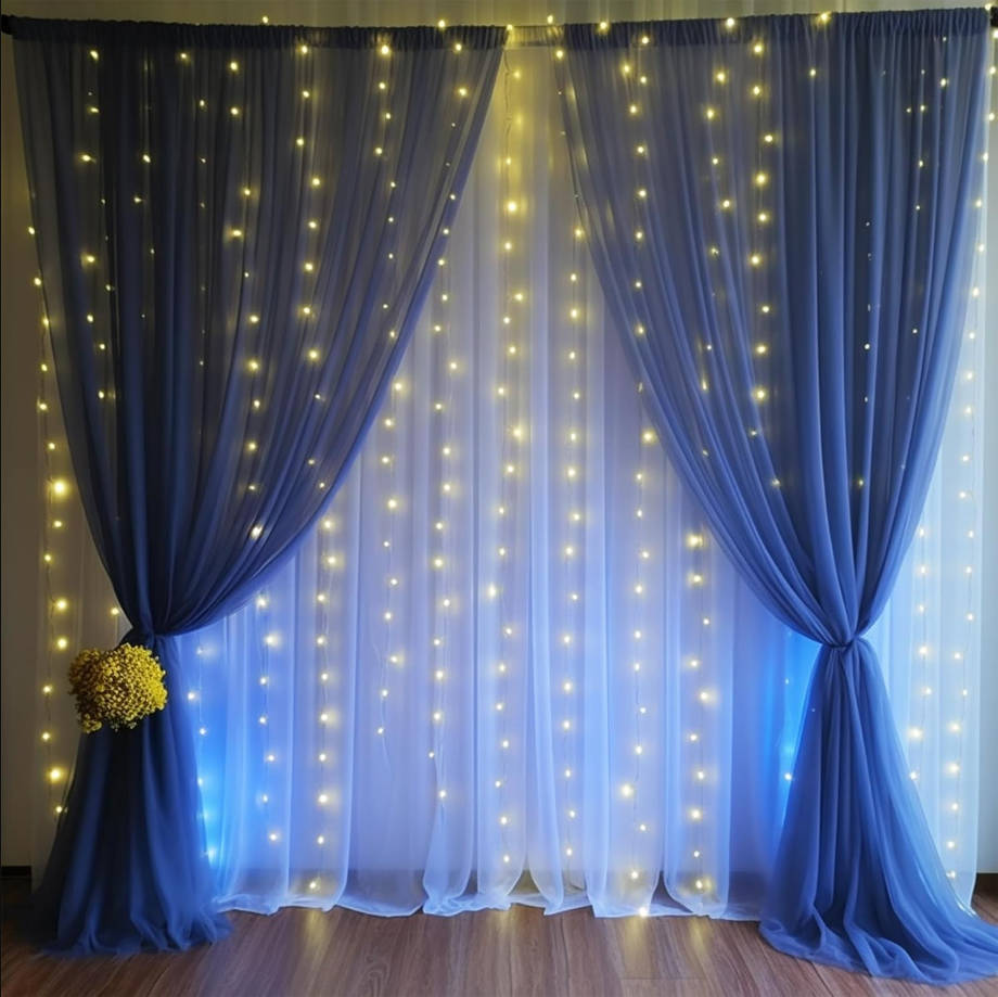 10x10ft Navy Blue Tulle Backdrop Curtain with Lights String for Parites, Sheer Backdrop Curtains for Wedding Baby Shower Birthday Party Photo Shoot Decorations