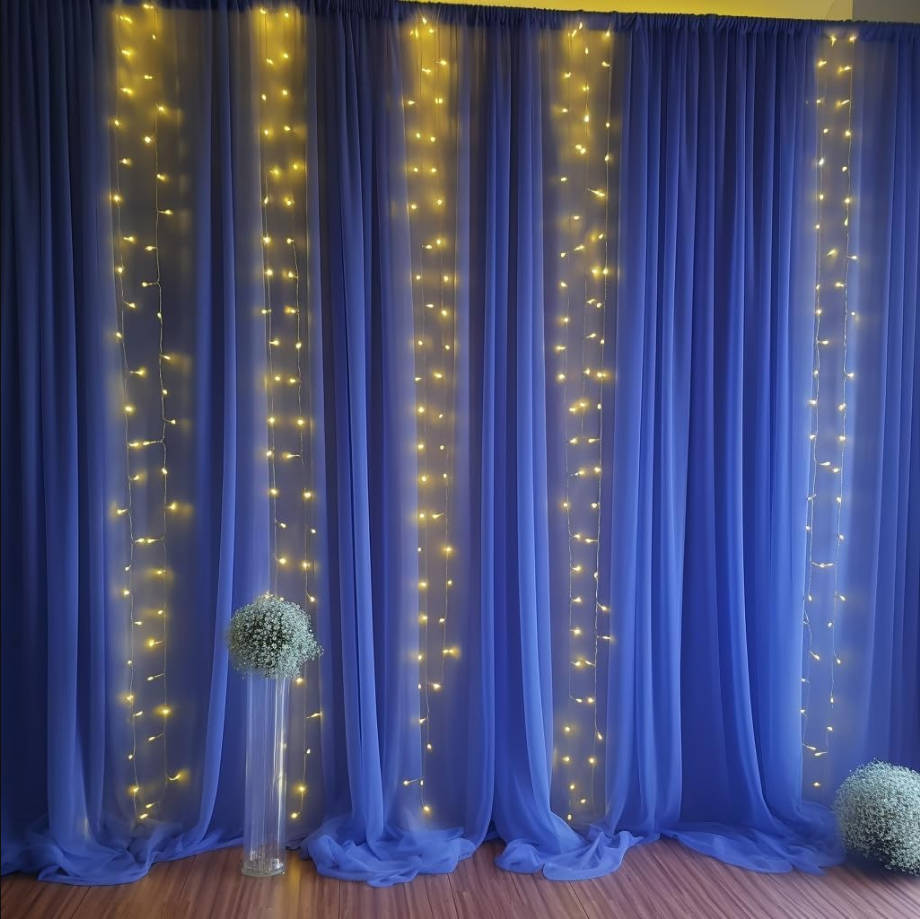 10x10ft Navy Blue Tulle Backdrop Curtain with Lights String for Parites, Sheer Backdrop Curtains for Wedding Baby Shower Birthday Party Photo Shoot Decorations