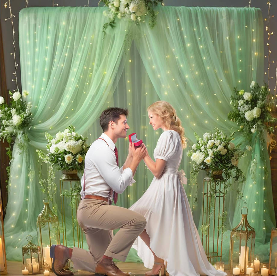 10x10ft Olive Green Tulle Backdrop Curtain with Lights String for Parites, Sheer Backdrop Curtains for Wedding Baby Shower Birthday Party Photo Shoot Decorations