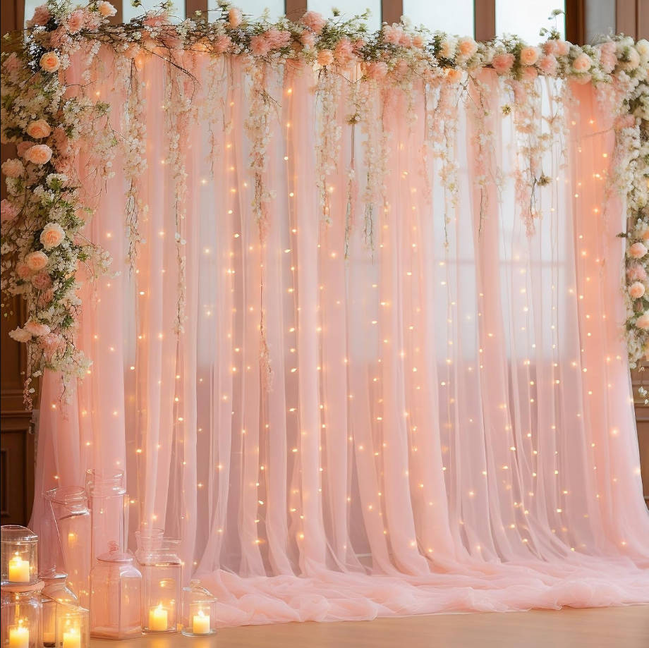 10x10ft Peach Tulle Backdrop Curtain with Lights String for Parites, Sheer Backdrop Curtains for Wedding Baby Shower Birthday Party Photo Shoot Decorations