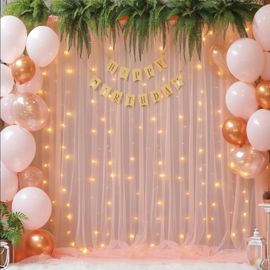10x10ft Peach Tulle Backdrop Curtain with Lights String for Parites, Sheer Backdrop Curtains for Wedding Baby Shower Birthday Party Photo Shoot Decorations