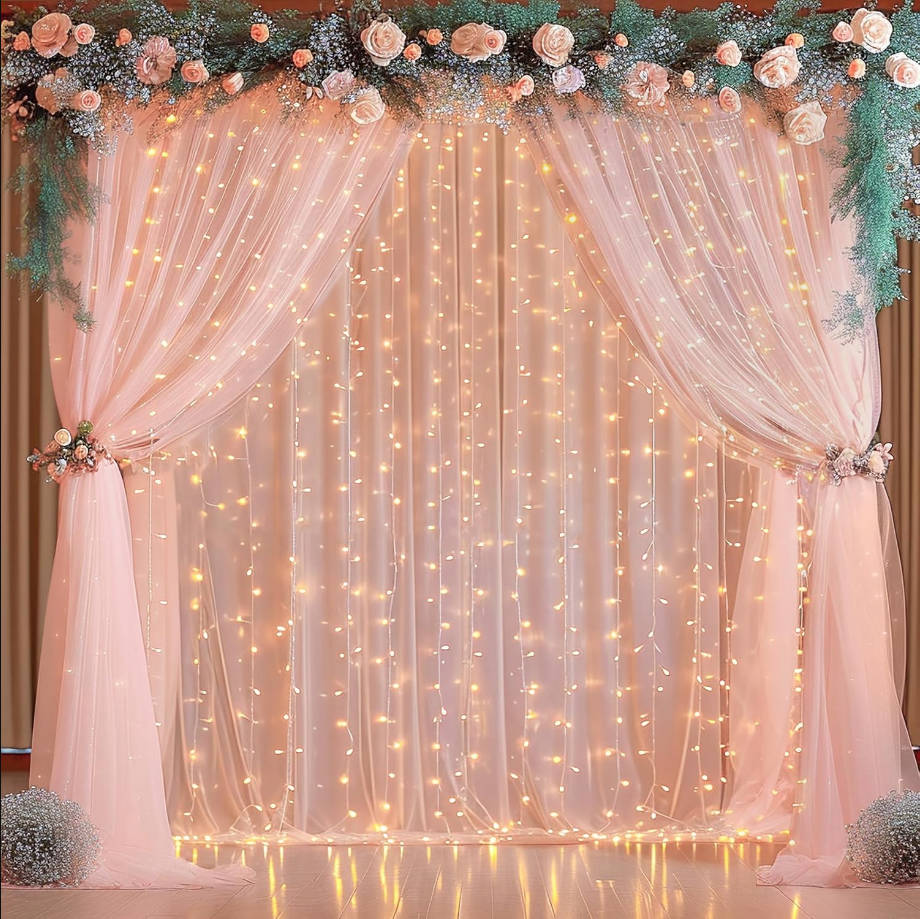 10x10ft Peach Tulle Backdrop Curtain with Lights String for Parites, Sheer Backdrop Curtains for Wedding Baby Shower Birthday Party Photo Shoot Decorations
