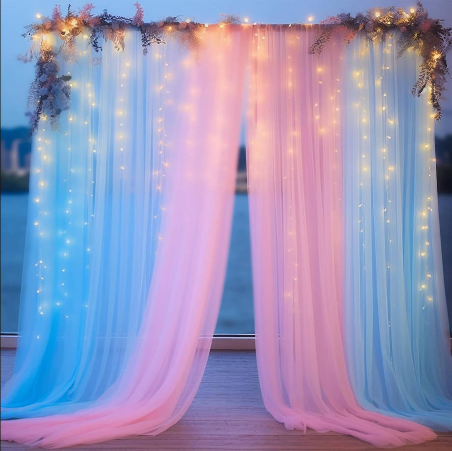 10x10ft Pink Blue Tulle Backdrop Curtain with Lights String for Parites, Sheer Backdrop Curtains for Wedding Baby Shower Birthday Party Photo Shoot Decorations