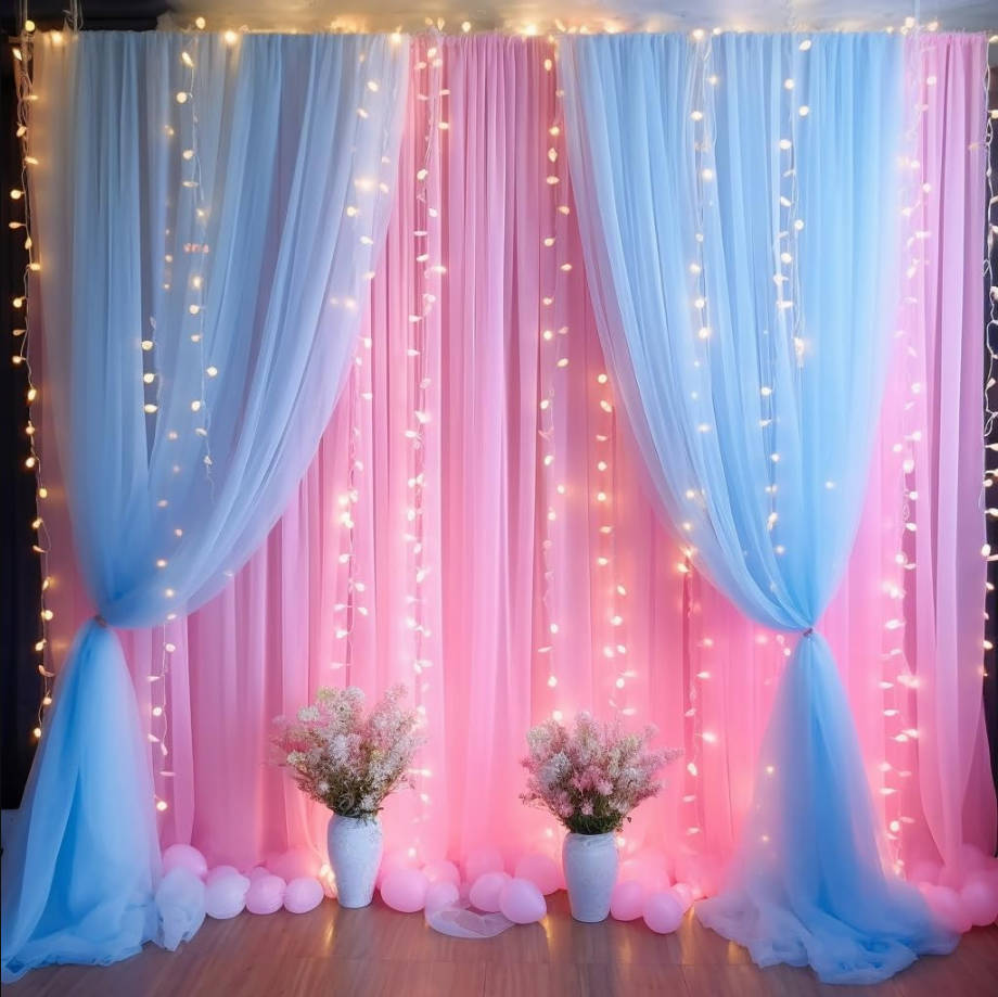 10x10ft Pink Blue Tulle Backdrop Curtain with Lights String for Parites, Sheer Backdrop Curtains for Wedding Baby Shower Birthday Party Photo Shoot Decorations