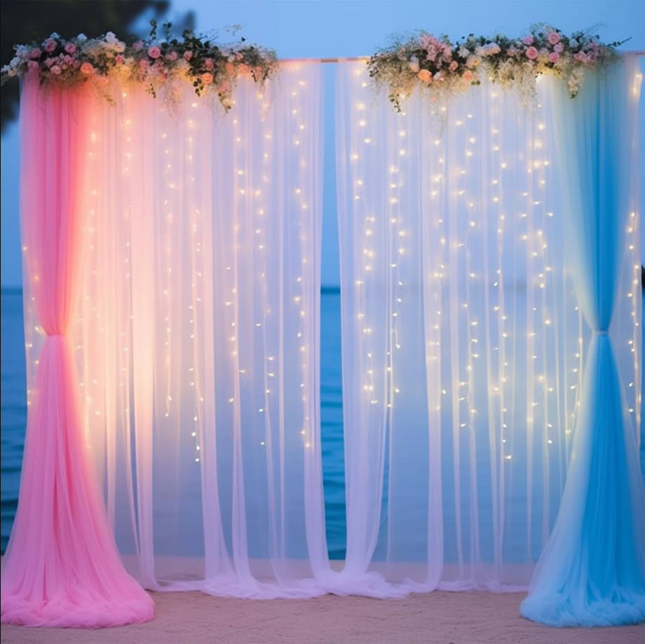10x10ft Pink Blue Tulle Backdrop Curtain with Lights String for Parites, Sheer Backdrop Curtains for Wedding Baby Shower Birthday Party Photo Shoot Decorations