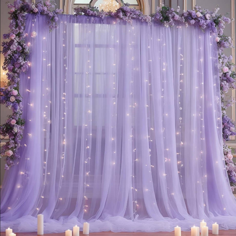 10x10ft Purple Tulle Backdrop Curtain with Lights String for Parites, Sheer Backdrop Curtains for Wedding Baby Shower Birthday Party Photo Shoot Decorations