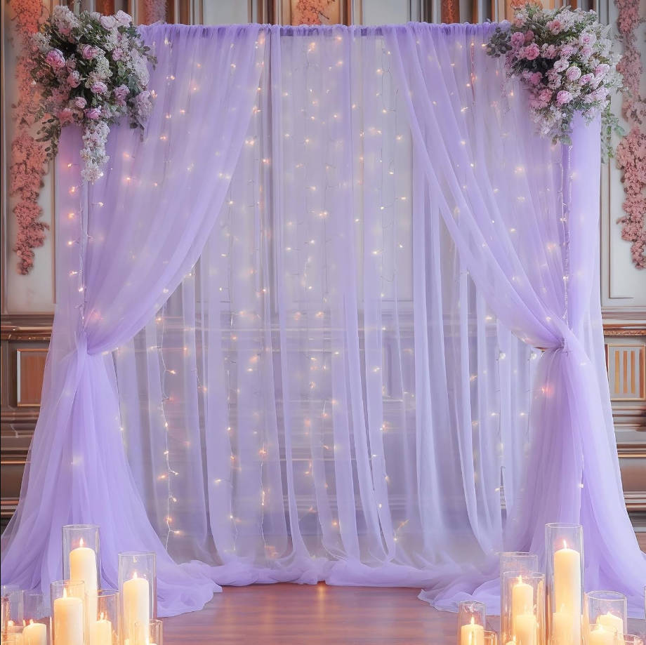 10x10ft Purple Tulle Backdrop Curtain with Lights String for Parites, Sheer Backdrop Curtains for Wedding Baby Shower Birthday Party Photo Shoot Decorations