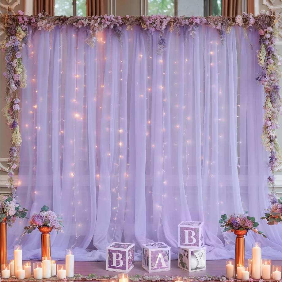10x10ft Purple Tulle Backdrop Curtain with Lights String for Parites, Sheer Backdrop Curtains for Wedding Baby Shower Birthday Party Photo Shoot Decorations