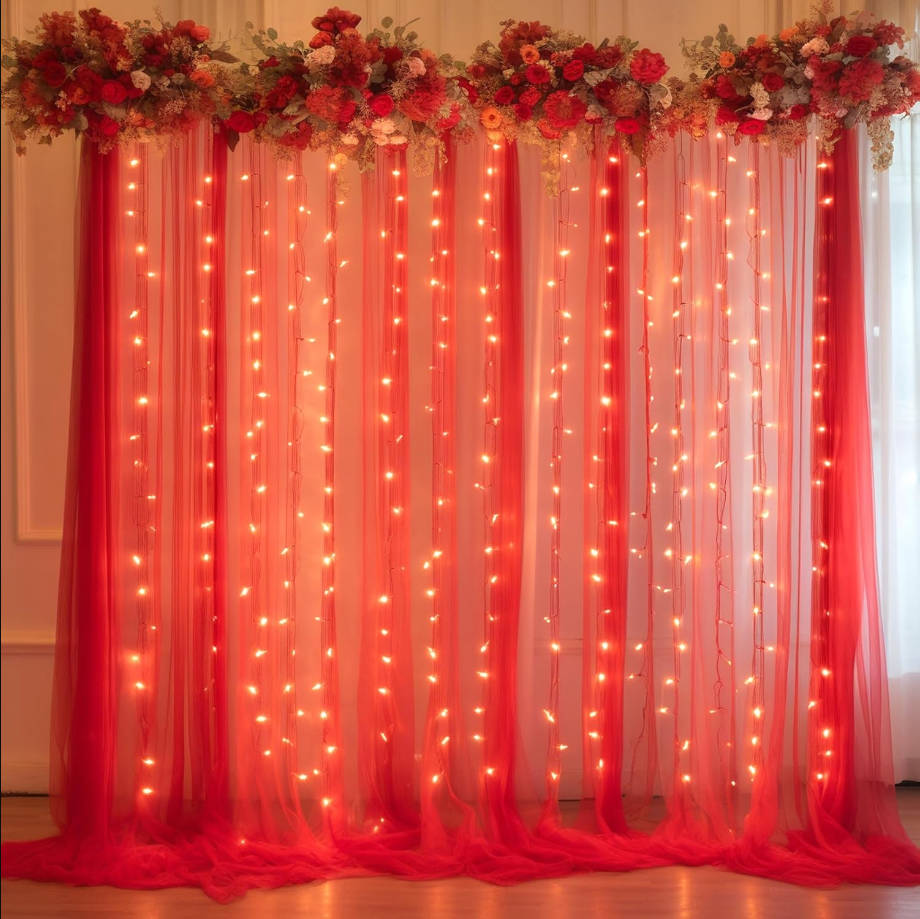10x10ft Red Tulle Backdrop Curtain with Lights String for Parites, Sheer Backdrop Curtains for Wedding Baby Shower Birthday Party Photo Shoot Decorations
