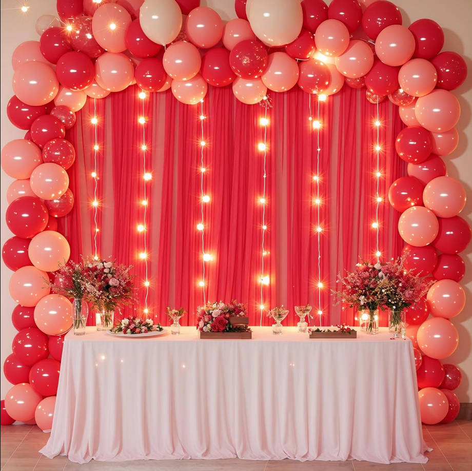 10x10ft Red Tulle Backdrop Curtain with Lights String for Parites, Sheer Backdrop Curtains for Wedding Baby Shower Birthday Party Photo Shoot Decorations