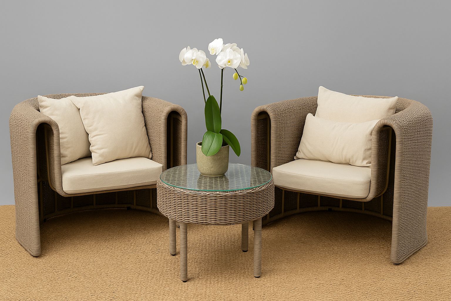 African Waves Patio Set – Natural Elegance in Handwoven Rope and Linen Comfort