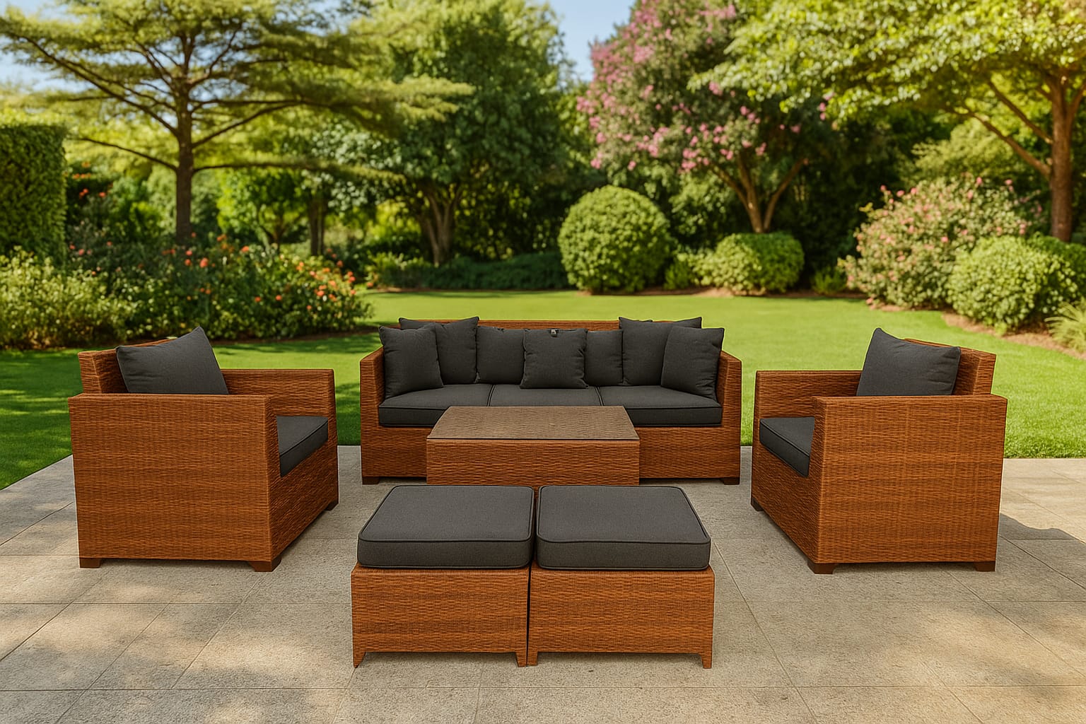 Garden Harmony Set – Handwoven Rattan with Free Decorative Pillows and Tables