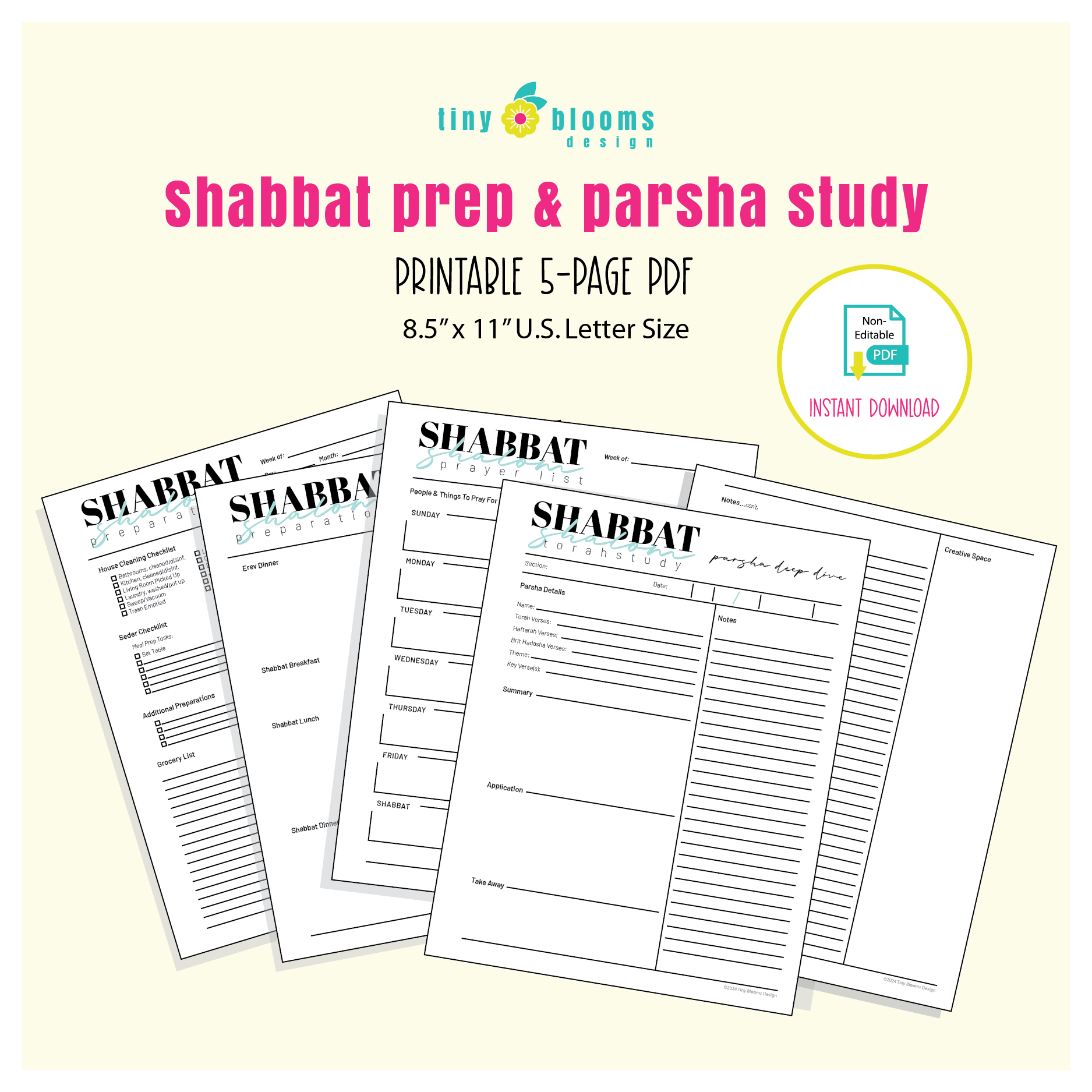Weekly Parsha Study Guide and Shabbat Prep 5-Page Bundle