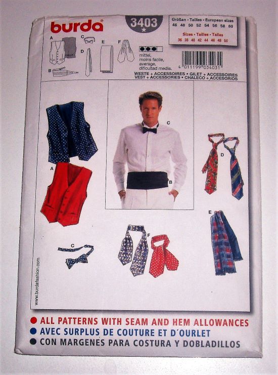 Burda 3403 Men’s Accessories Sewing Pattern – Vest, Cummerbund, Bow Ties & Neckties (Sizes 36"–50")