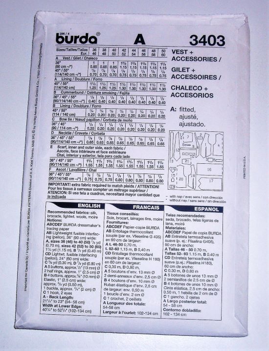 Burda 3403 Men’s Accessories Sewing Pattern – Vest, Cummerbund, Bow Ties & Neckties (Sizes 36"–50")