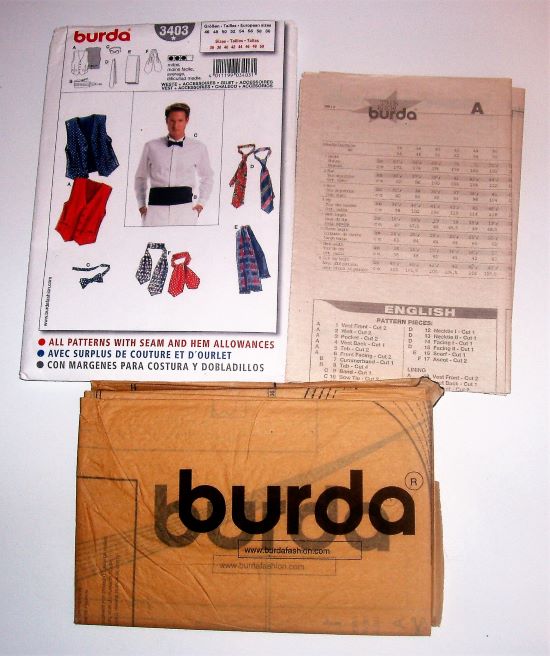 Burda 3403 Men’s Accessories Sewing Pattern – Vest, Cummerbund, Bow Ties & Neckties (Sizes 36"–50")