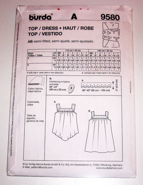 Burda 9580 Girl’s Pullover Top & Dress Sewing Pattern (Sizes 18M–7)