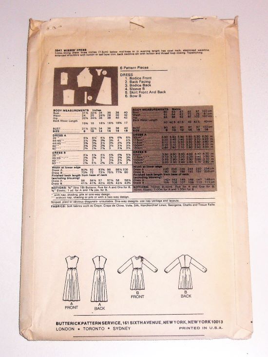 Butterick 3547 – 1970s Misses’ Cowl Neck Dress Sewing Pattern (Size 14)