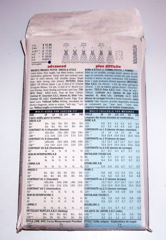 1998 Butterick 5872 Misses’ Petite Bridal Gown & Stole Sewing Pattern Sz 8–12 Factory-Folded