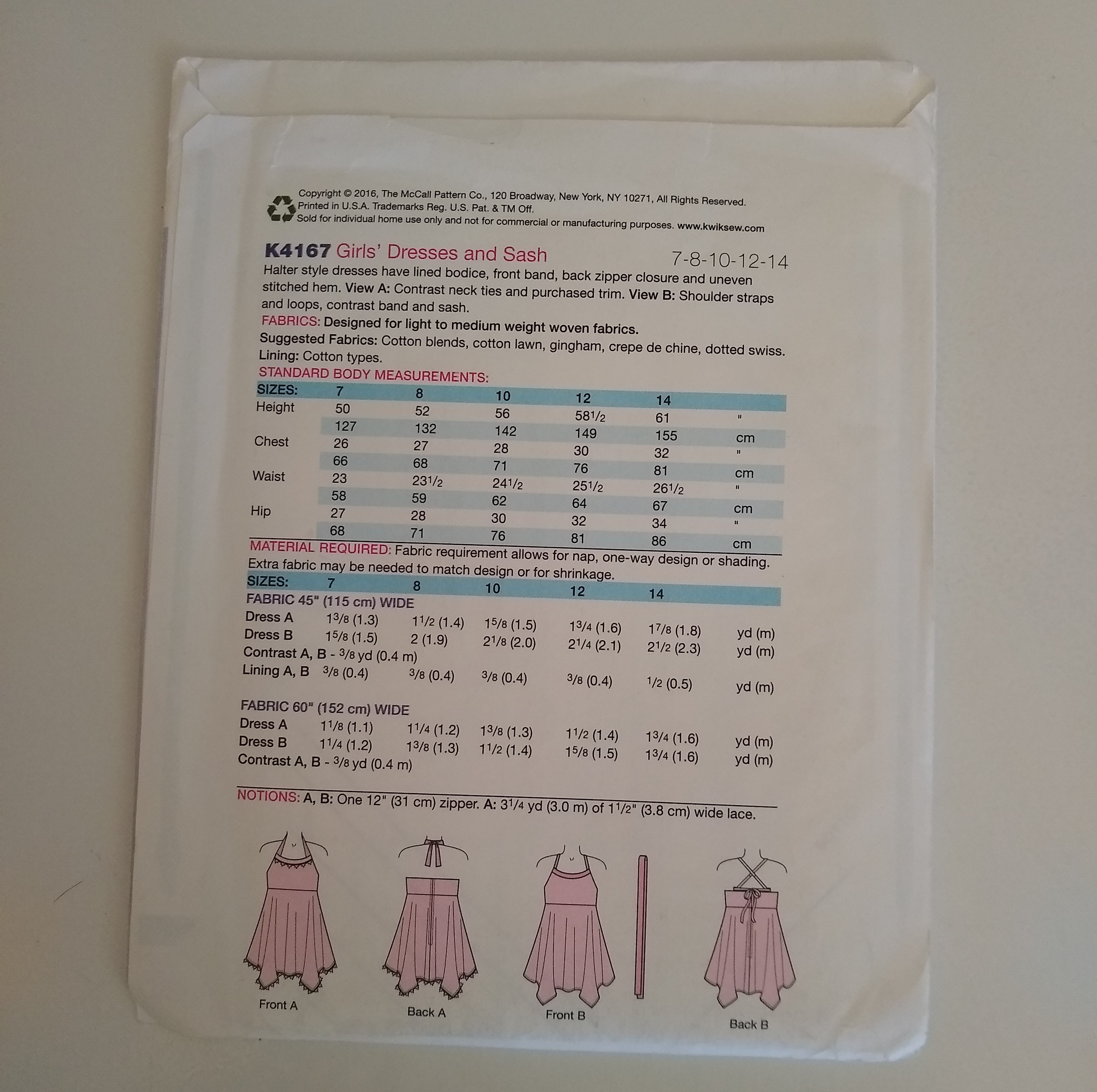 2016 Kwik Sew K4167 Girl’s Summer Halter Dress Sewing Pattern – Sizes 7–14