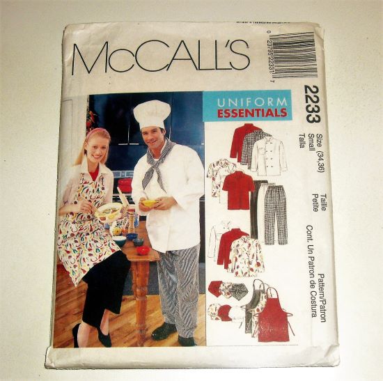 1999 McCall’s 2233 Unisex Chef Uniform Sewing Pattern Size Small Jacket, Pants, Apron & Hat