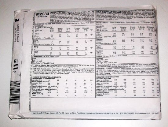 1999 McCall’s 2233 Unisex Chef Uniform Sewing Pattern Size Small Jacket, Pants, Apron & Hat