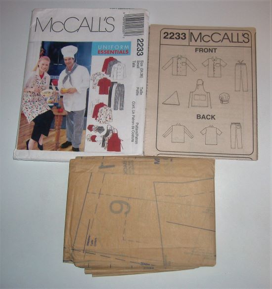 1999 McCall’s 2233 Unisex Chef Uniform Sewing Pattern Size Small Jacket, Pants, Apron & Hat