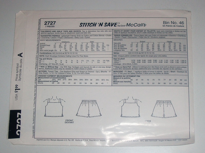 2000 McCall’s 2727 Easy Girl’s Tops & Shorts Sewing Pattern Sz 2–6