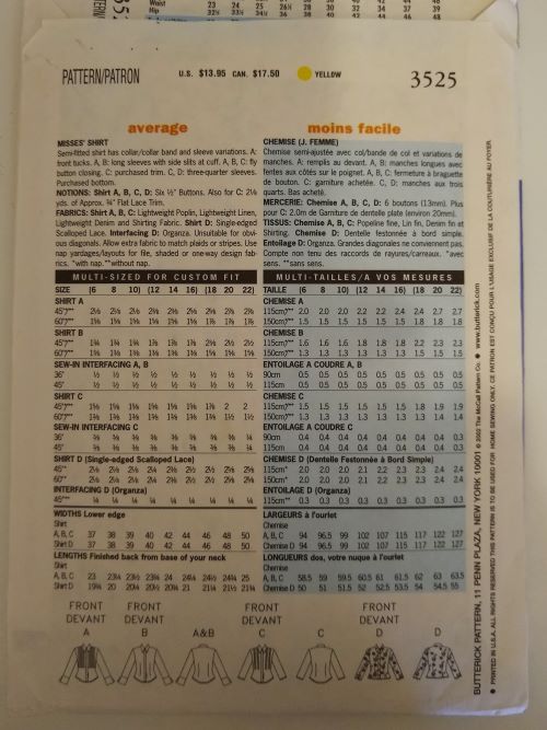 Butterick 3525 – Misses Semi-Fitted Shirt Variations Sewing Pattern – Sizes 12–16 Factory-Folded
