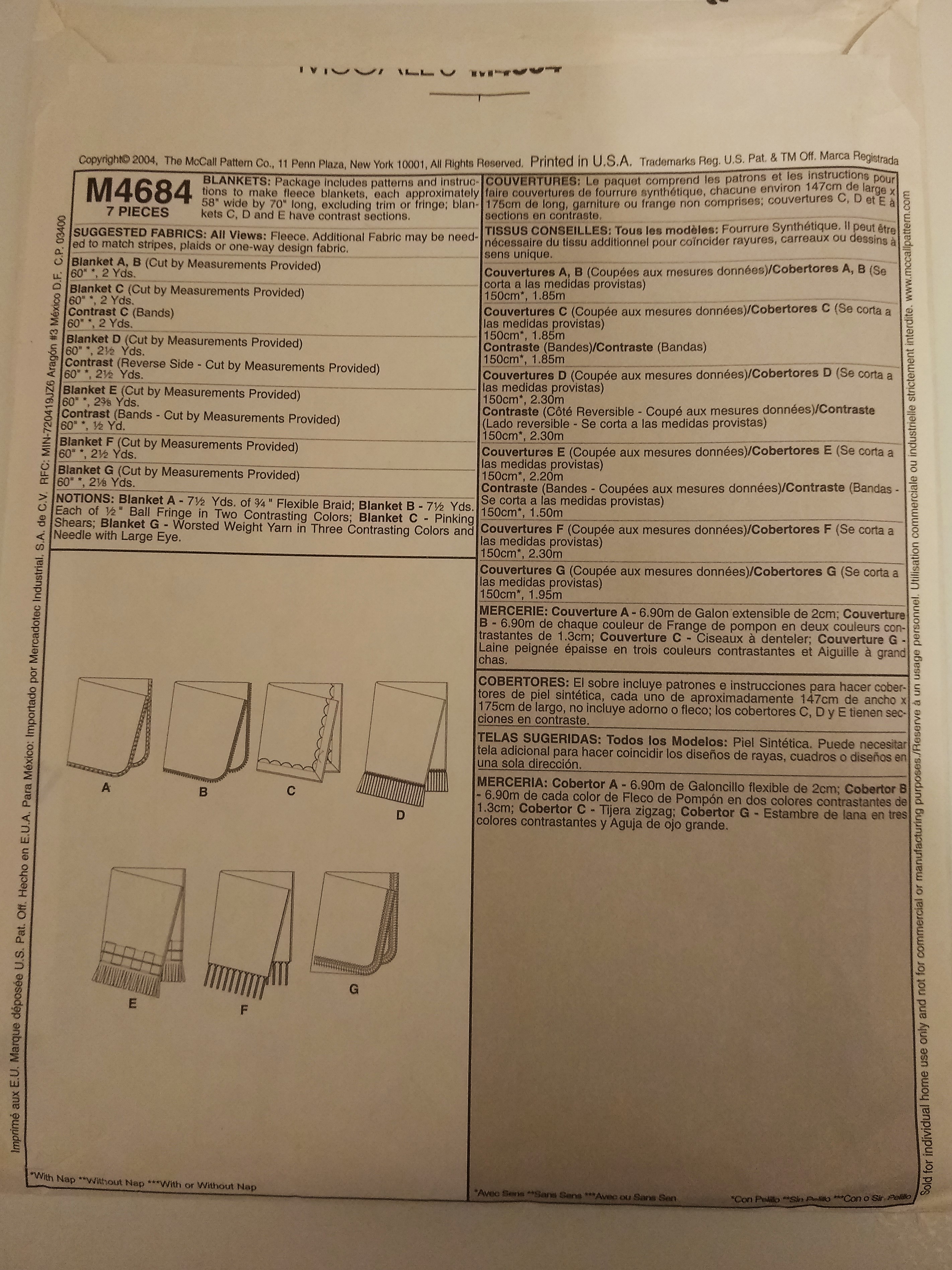 McCall’s M4684 Crafts Blanket Pattern (2004) – Fleece Throws (58" X 70") Factory-Folded
