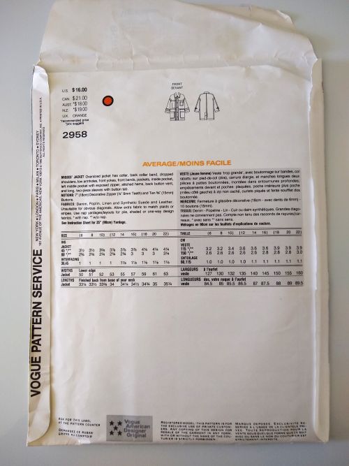Vogue 2958 Donna Karan NY Sewing Pattern Misses Oversized Jacket 6–10 1992 Factory-Folded