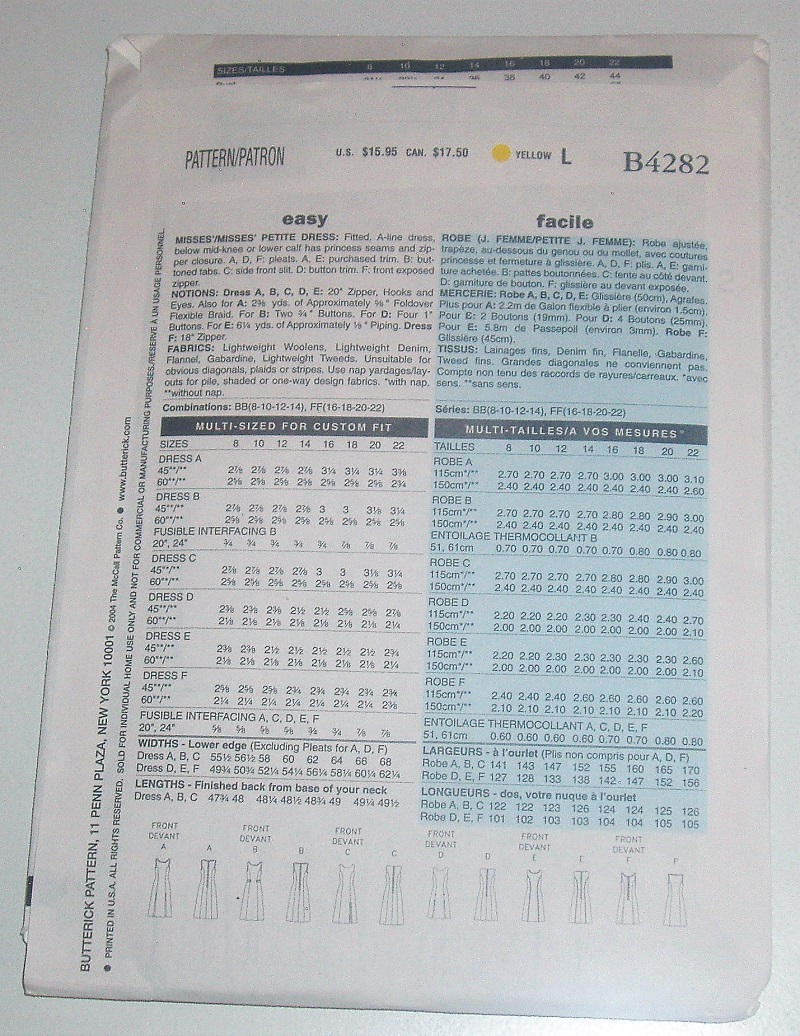 Butterick B4282 Sewing Pattern Misses/Misses Petite Dress Jumper 8–14 Easy Factory-Folded