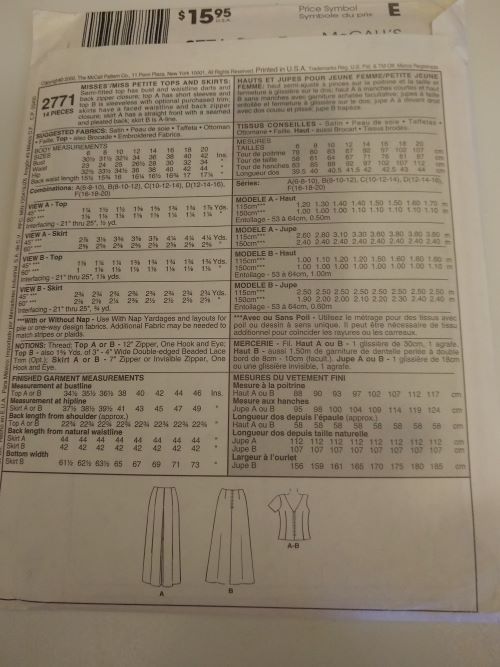 2000 McCall's 2771 Evening Elegance Formal Wear Top And Skirt Sewing Pattern (Sizes 16–20)