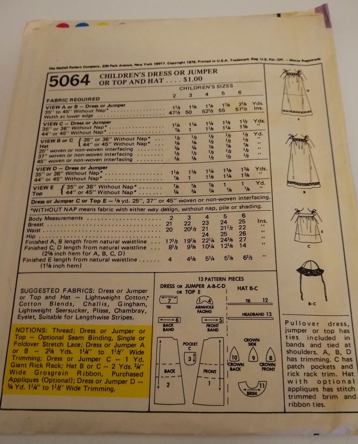 Vintage McCall's 5064 Child’s Summer Dress, Top, Jumper & Hat – Size 4 (1978) Factory-folded