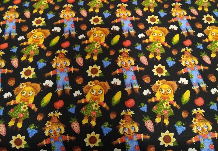 MDG Fall Friends Cotton Fabric Scarecrows & Harvest Print on Black 3 Yards x 45"