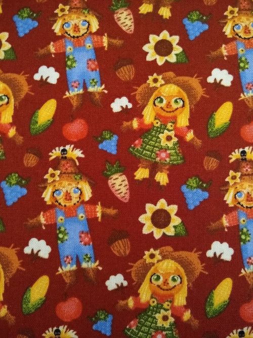 MDG Fall Friends Cotton Fabric Scarecrows & Harvest Print on Burgundy 3 Yards x 45"