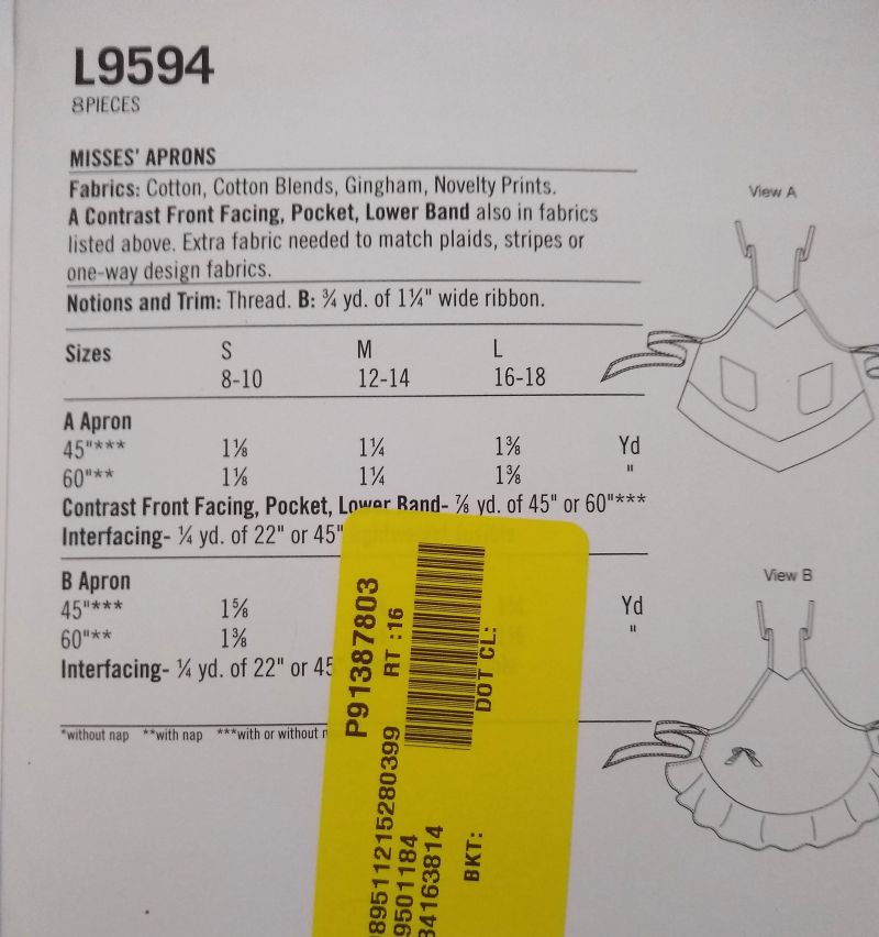 McCall’s L9594 Misses’ Full Apron Pattern Sizes S–L Round or V Hem Optional Pockets FF