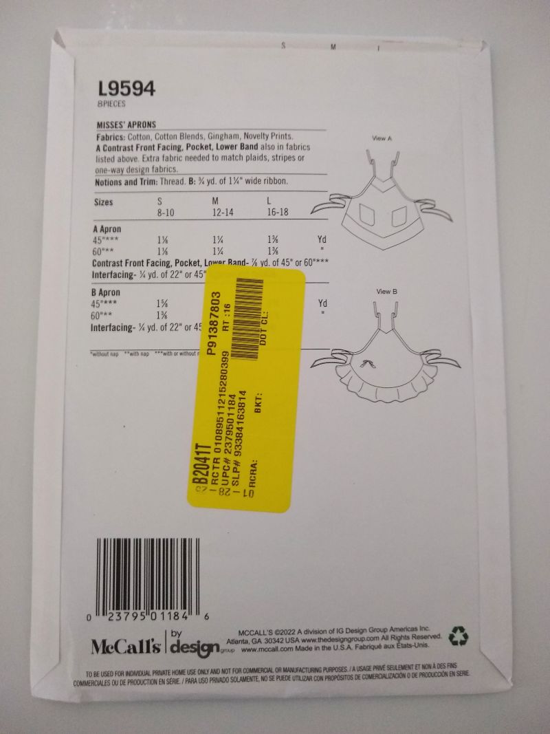 McCall’s L9594 Misses’ Full Apron Pattern Sizes S–L Round or V Hem Optional Pockets FF