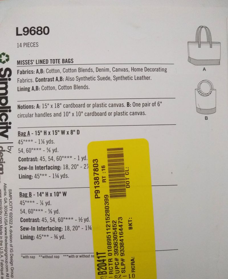 Simplicity L9680 It’s So Easy Tote Bag Pattern Lined Bags in Two Sizes 