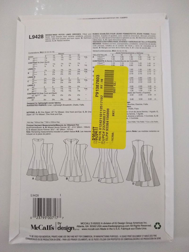 It's Sew Simple McCall's L9428 Sewing Pattern Misses/MP Lined Dresses Sz 8-16 