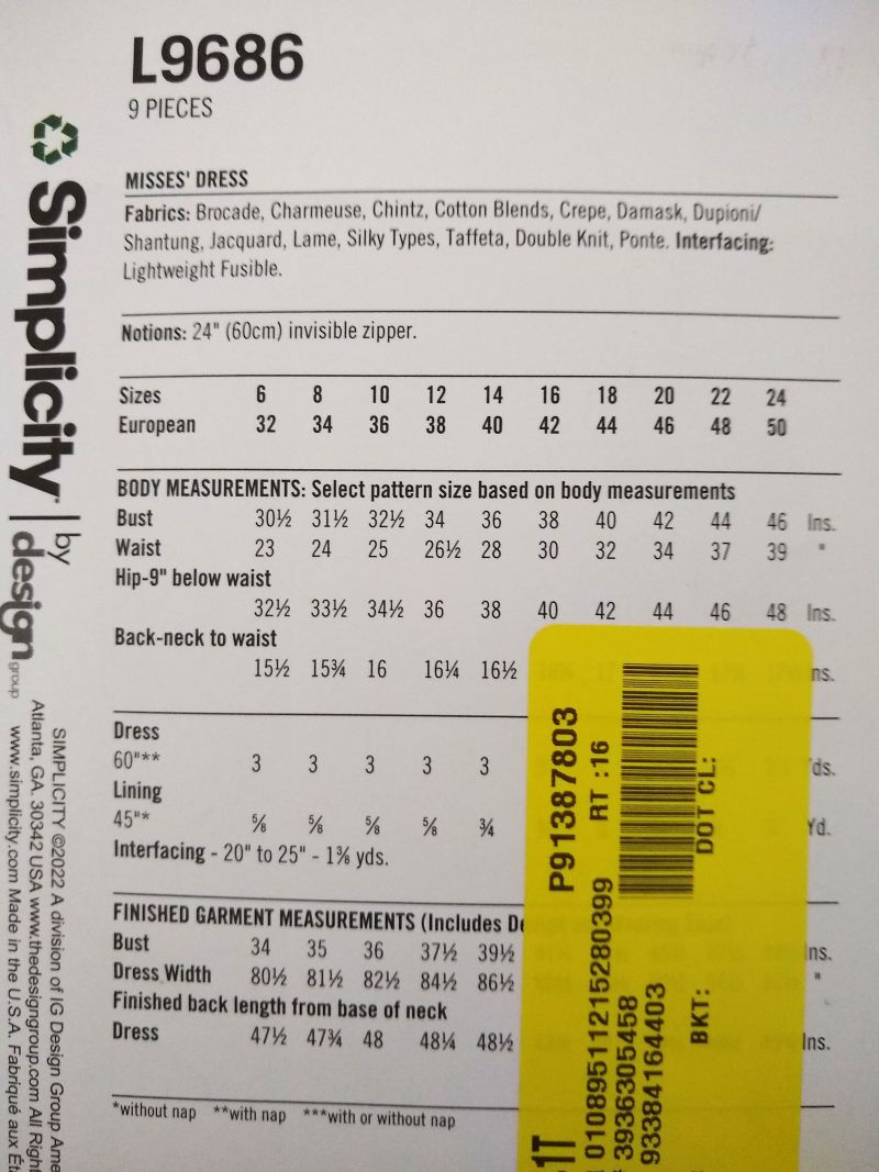 Simplicity L9686 Misses’ Spring Dress Sewing Pattern Sizes 16–24 Factory-Folded