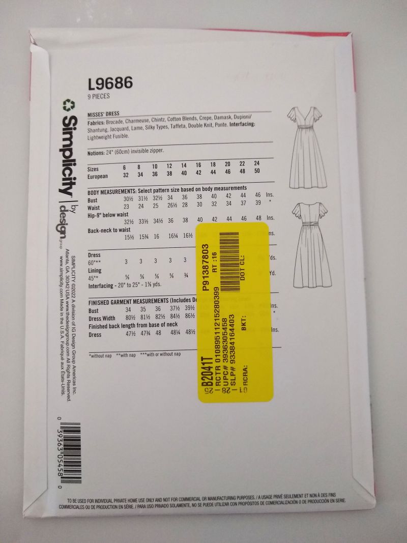 Simplicity L9686 Misses’ Spring Dress Sewing Pattern Sizes 16–24 Factory-Folded