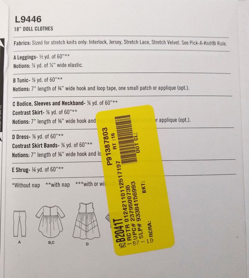 McCall's L9446 Sewing Pattern for 18" Doll Clothes Dress Tunic Leggings Shrug Sew Simple (2022)