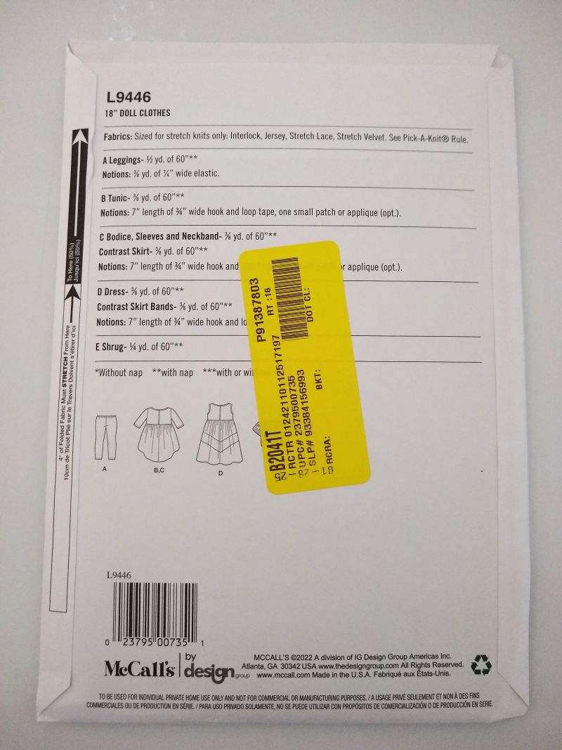 McCall's L9446 Sewing Pattern for 18" Doll Clothes Dress Tunic Leggings Shrug Sew Simple (2022)