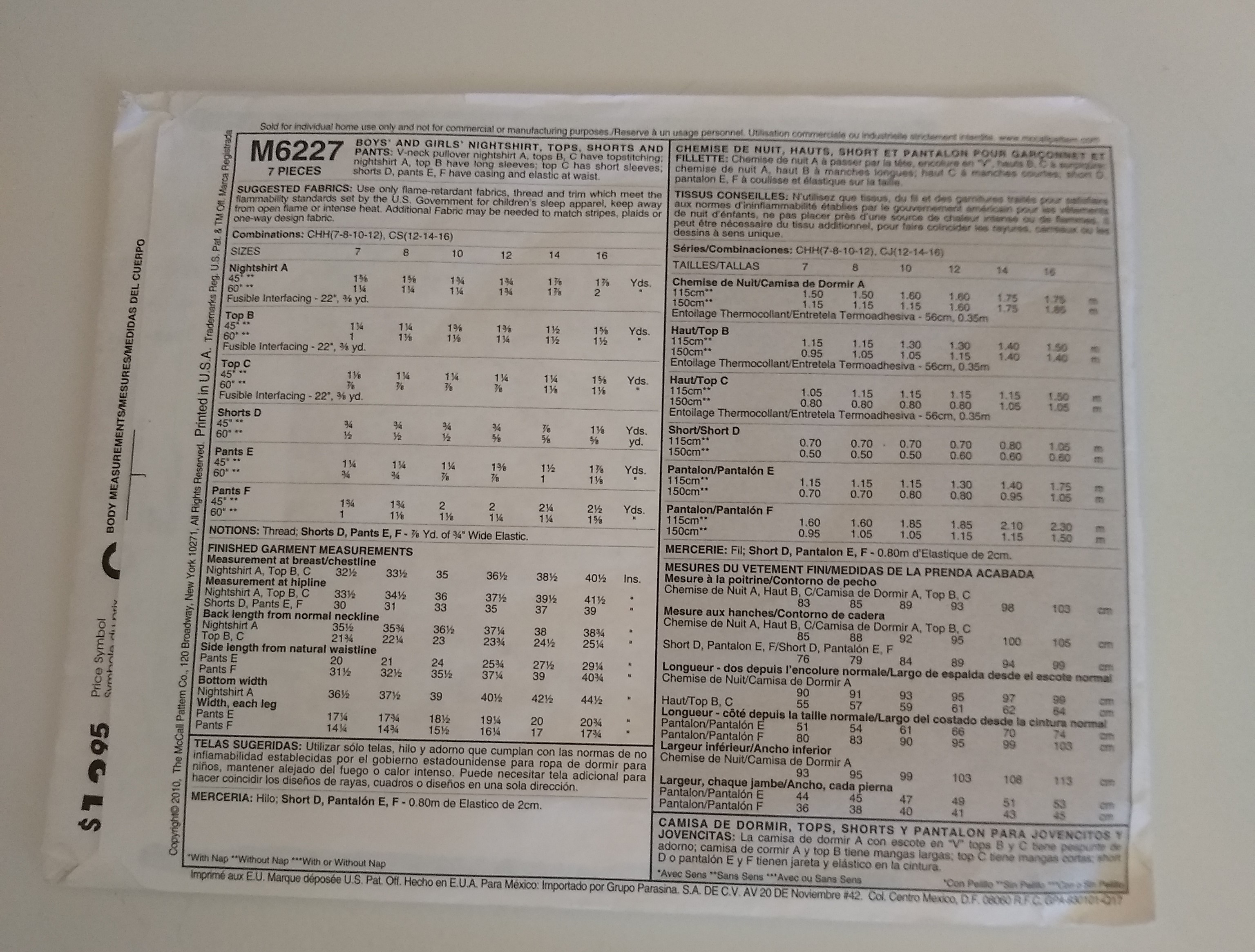 McCall’s M6227 Easy Unisex Kids’ Pajamas Sewing Pattern Sizes 7–12 FF